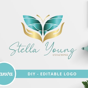Editable Logo Design, Canva Template, Teal Green Wellness Life Coaching Logo, Butterfly Logo, Hand Logo, DIY Psychology Logo, Instant Access