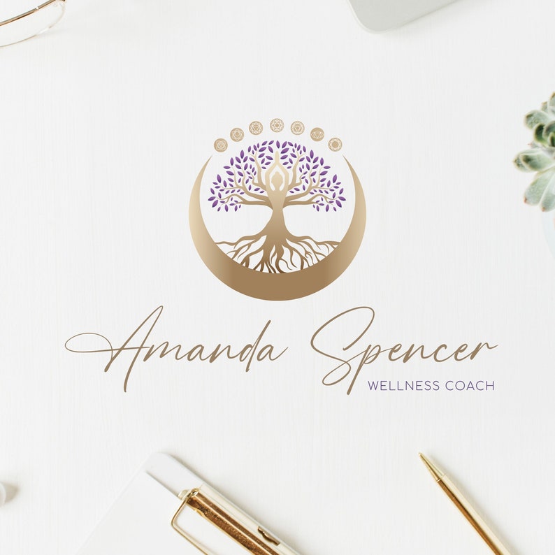 Tree of Life Logo Design, Tree Woman Premade Logo, Holistic Moon and ChaKras Logo, Yoga, Spa, Life Coach, Psychology, Wellness, Naturopathy. image 1