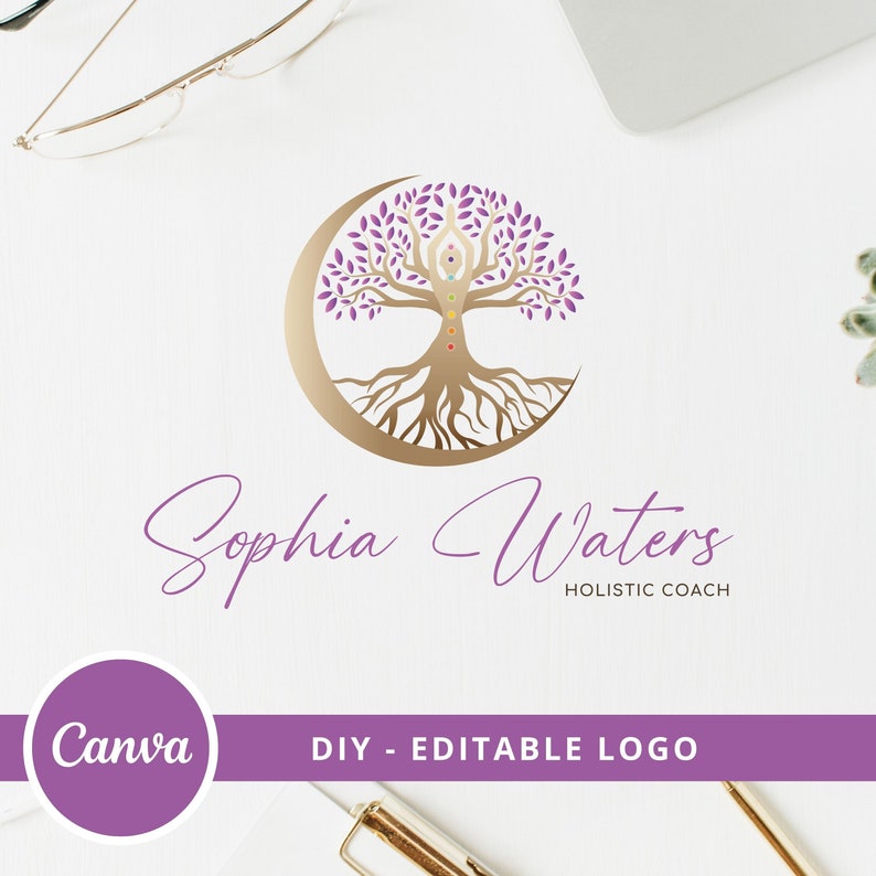 TREE of LIFE DIY Holistic Logo Design, Tree Woman Logo, Wellness Logo Canva Template, Tree Moon Editable Logo, Woman Chakras Logo Design. image 2