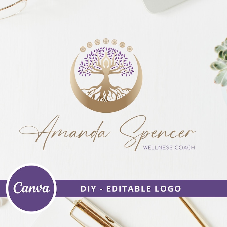 TREE of LIFE DIY Logo Design, Tree Woman Logo, Wellness Logo Canva Template, Tree Moon Editable Logo, Yoga, Life Coach, Psychology, Spa Logo image 1