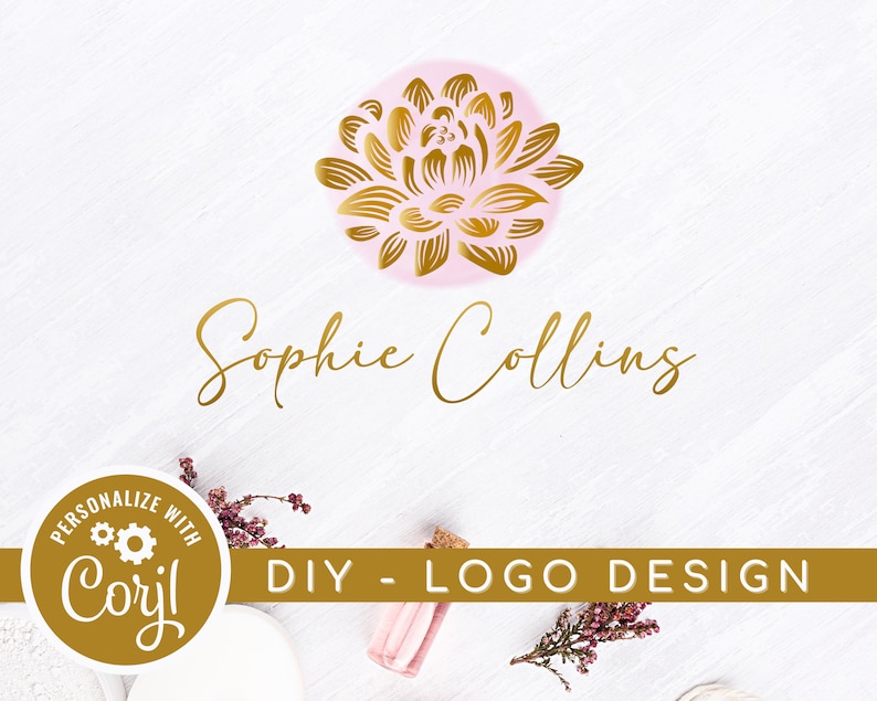 DIY Golden Lotus Logo Template, Lotus Flower Design, Editable Art Design, Wellness Life Coaching Logo, Premade Logo Design Instant Download image 1