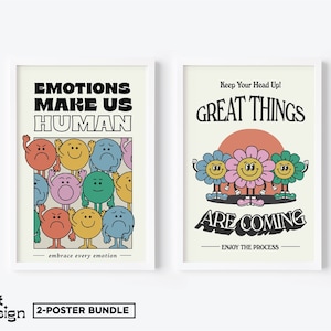 Może przedstawiać: Dwa plakaty motywacyjne w stylu retro. Pierwszy plakat przedstawia kolorową ilustrację uśmiechniętych twarzy z tekstem "Emotions Make Us Human" i "Embrace Every Emotion". Drugi plakat przedstawia zachód słońca z trzema uśmiechniętymi twarzami kwiatów i tekstem "Keep Your Head Up! Great Things Are Coming. Enjoy The Process."