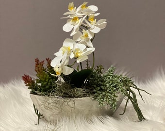 Orchideen Gesteck „perfect Orchid „ Silber modern Seidenblumen