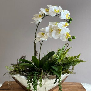 Orchid arrangement silk flowers artificial flowers white elegant silver bowl all year round
