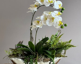 Orchidee arrangement zijden bloemen kunstbloemen wit elegant zilveren schaal het hele jaar door