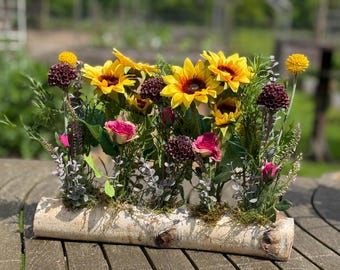 Sonnenblumen Gesteck im Birkenholz Herbst Sommer Kunstblumen Landhaus