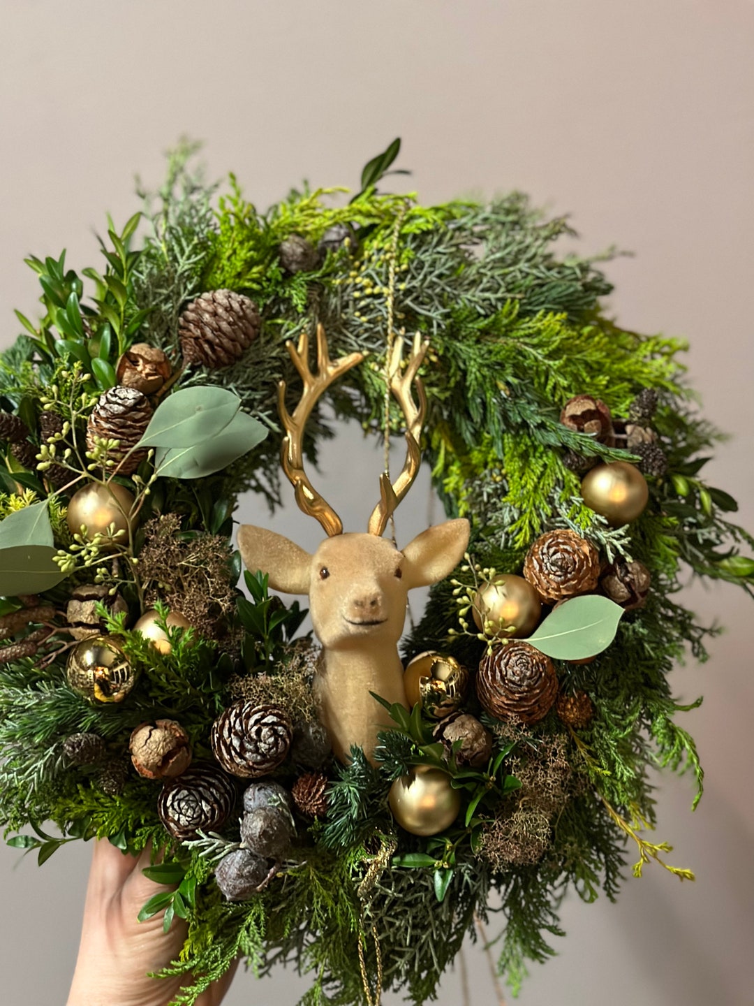 Door Wreath top Deer Fir Conifer Gold Natural Cones Etsy UK