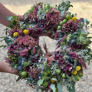 Large colorful autumn wreath “Autumn sun” heather hydrangeas thistles door wreath table wreath
