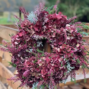 Könnte beinhalten: Ein runder Blumenkranz aus dunkelburgunderfarbenen Hortensienblüten, durchsetzt mit leuchtend rosa Heidekraut und silbrig-grünem Laub. Das Arrangement ist dicht gefüllt und erzeugt eine reichhaltige, strukturierte Darstellung botanischer Elemente in Herbsttönen.