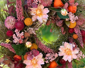 Autumn wreath, silk flowers, dahlias, berries, heather