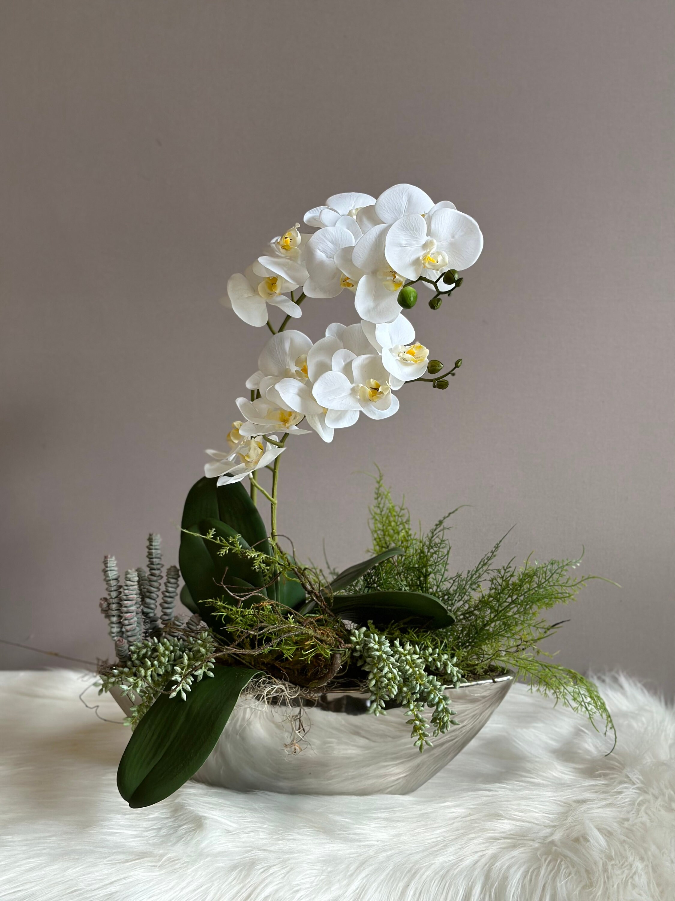 Orchideen Gesteck Kunstblumen 45 Cm Hoch  Creme Flieder Dekoration