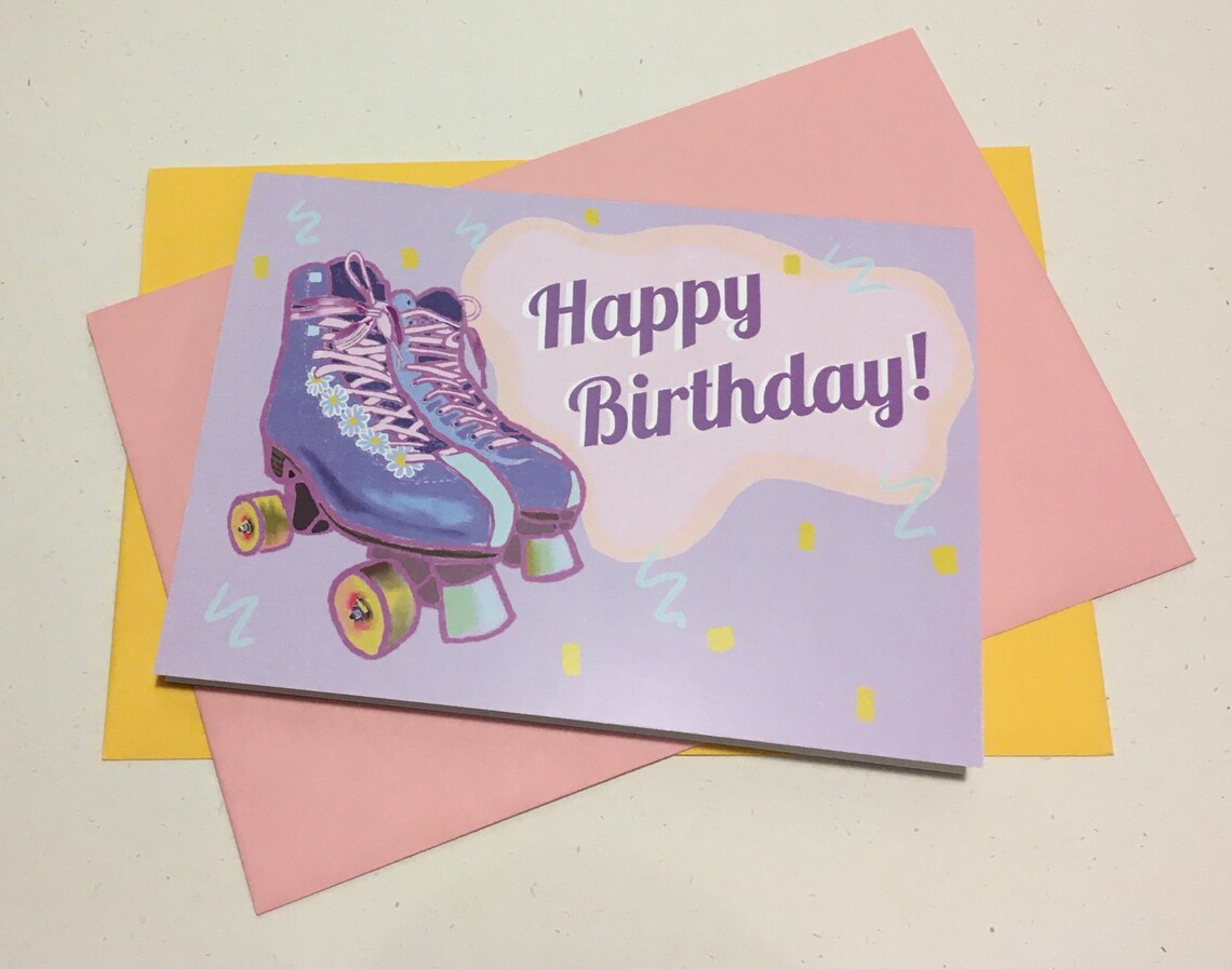 Retro Roller Skates Happy Birthday Printable Greeting Card Etsy