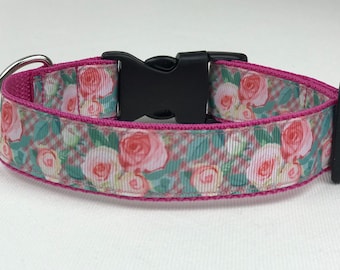 Schöne Hundehalsband mit Webband - Rosa Muster/Halsband für Hunde 25 mm Breite