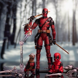 Op de afbeelding: Een rood en zwart Deadpool-actiefiguur dat een zwaard en een afgehakt hoofd vasthoudt. De figuur staat op een besneeuwde achtergrond met een kleiner Deadpool-figuur en een hondenfiguur op de voorgrond.