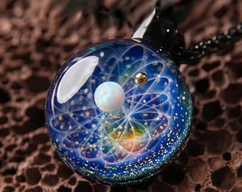 Galaxy Glass Gemstone Pendant/Bracelet made with Gold and Opal; Jewelry of 3D Planet Solar System;  Universe In a Crystal Ball; Space Lover