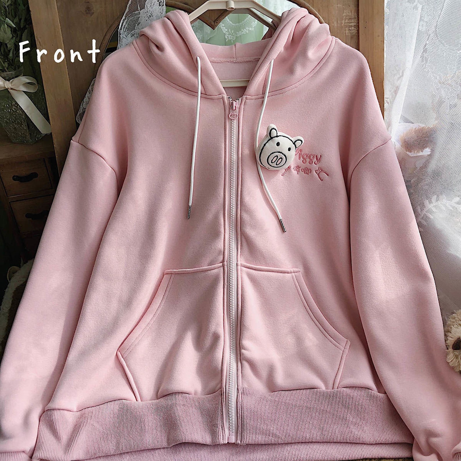 Sweet Kawaii Hoodie pink pig Zip Up Hoodie Oversize Long Etsy