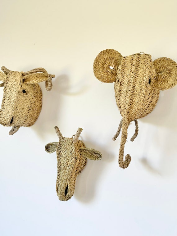 Set of 3 Handwoven Rattan Decor Wicker Animal Heads Wall Etsy