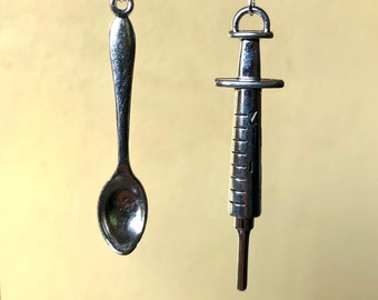 Harm Reduction Spoon and Needle Earrings Fish hook or Clip On