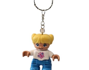 LEGO Duplo Girl Figure Blue Butterfly Shirt Child Kid Toddler Blonde Handmade Keychain
