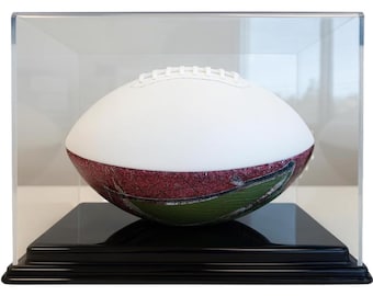 May include: A white American football with a textured maroon and green lower section featuring a leaf pattern, displayed inside a clear acrylic rectangular case that sits on a solid black base. The football has white laces on the top surface.