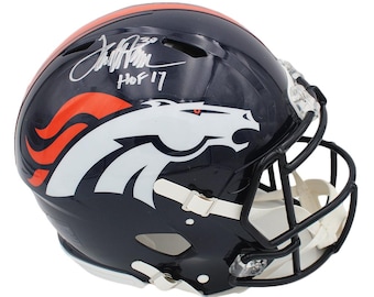 Casco auténtico Speed de la NFL autografiado por Terrell Davis de los Denver Broncos con la inscripción “HOF 17”.