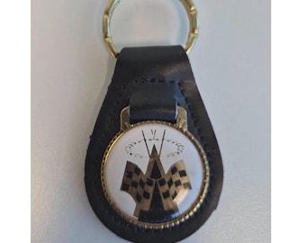 Vintage Racing Keychain, Checkered Flag Leather Key Fob, Motorsport Car Accessory
