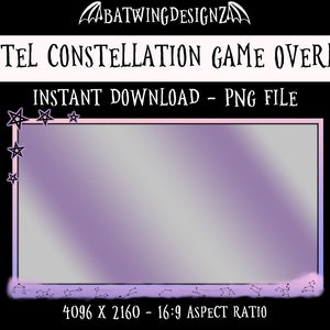 May include: A purple and pink gradient game overlay with a black outline and constellations and stars around the border. The text "PASTEL CONSTELLATION GAME OVERLAY" is at the top of the image. The text "INSTANT DOWNLOAD - PNG FILE" is below the overlay. The text "4096 X 2160 - 16:9 ASPECT RATIO" is at the bottom of the image.