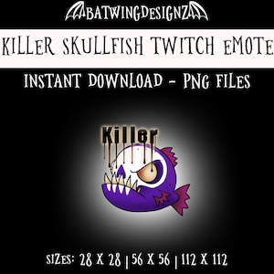 Puede incluir: Gráfico digital de un emote de Twitch de pez calavera morado con dientes afilados y una expresión enfadada. La palabra "Killer" está encima del pez. El texto en la parte superior dice "KILLER SKULLFISH TWITCH EMOTE" y "INSTANT DOWNLOAD - PNG FILES". Los tamaños de imagen son 28 x 28, 56 x 56 y 112 x 112 píxeles.