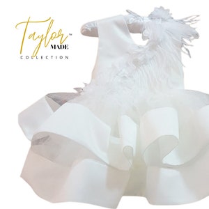 White Flowers girls dress with feather details puffy tulle, Christening dress, Frist Communion dress