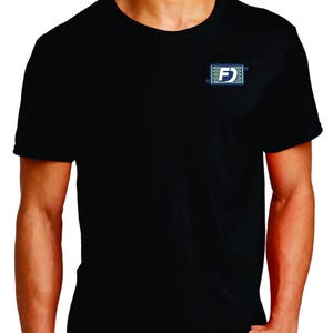 May include: A black t-shirt with a small, blue and green logo on the left chest. The logo is a stylized "FD" inside a rectangle.