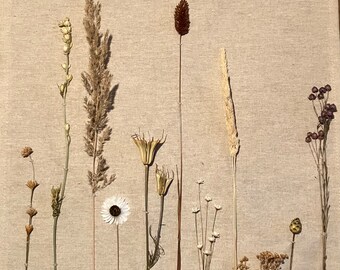 Wall hanging with dried flowers on a linen/cotton/polyester cloth