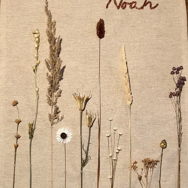 Wall hanging with dried flowers on a linen/cotton/polyester cloth