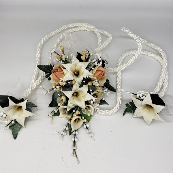 Handmade in the 80s wedding accessories set; catholic wedding lasso, cascading bridal bouquet, bridal headpiece, and groom's boutonniere.