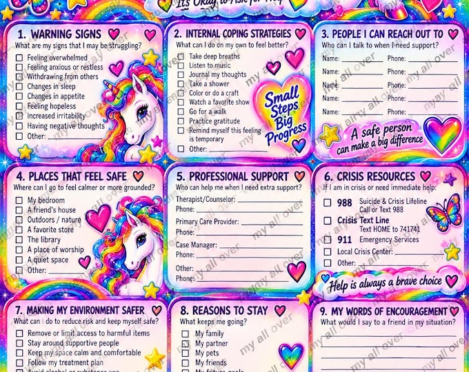 Rainbow Unicorn Safety Plan Printable | Mental Health Coping Worksheet (PDF)