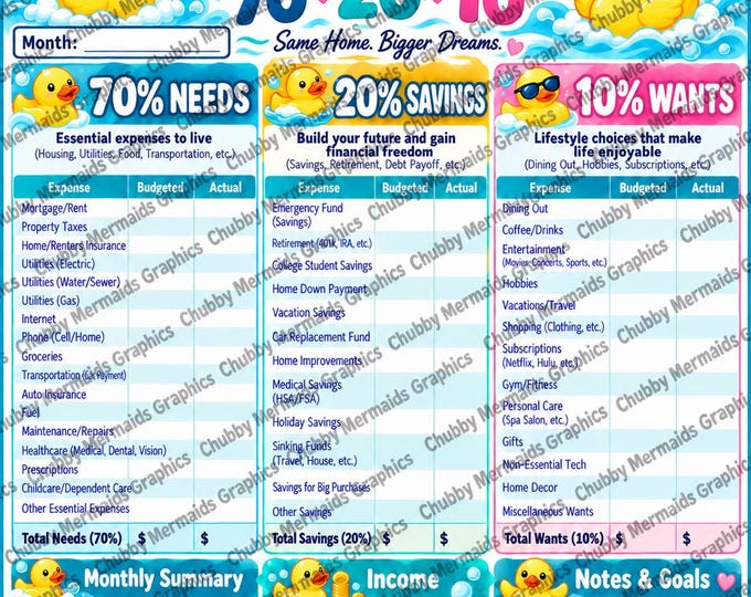 Rubber Duckie Budget Planner | 70-20-10 Monthly Tracker (PDF)