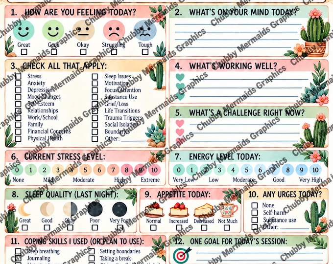 Llama Cactus Therapy Check-In Printable | Boho Mental Health Worksheet (Digital Download)