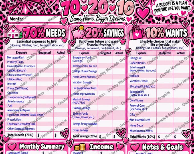 Pink Leopard Budget Planner | 70-20-10 Monthly Savings Tracker (PDF)
