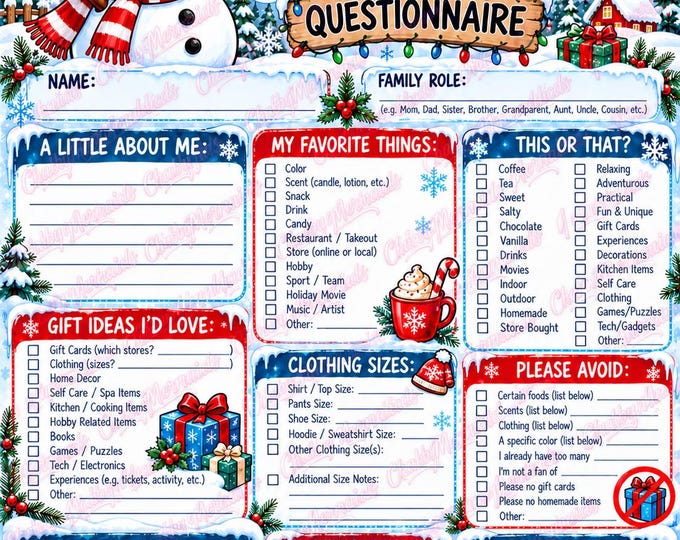 Snowman Family Secret Santa Questionnaire | Christmas Gift Exchange (Digital Download)