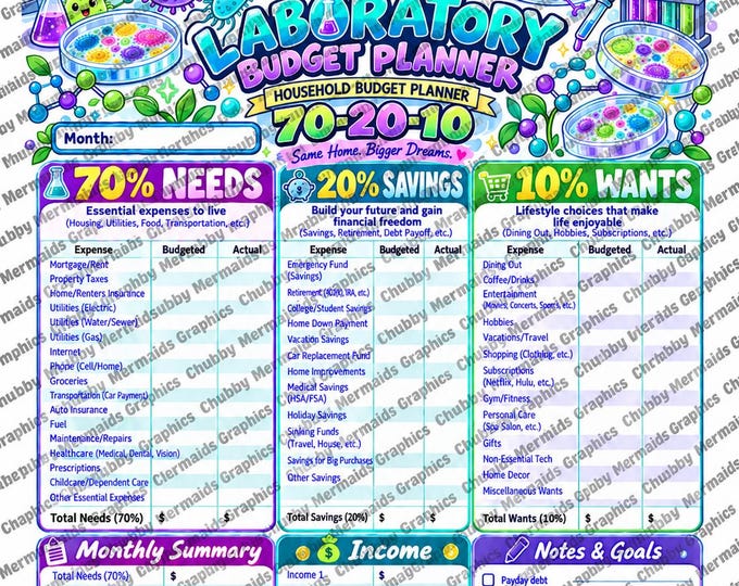 Laboratory Budget Planner | 70-20-10 Monthly Tracker (PDF Download)