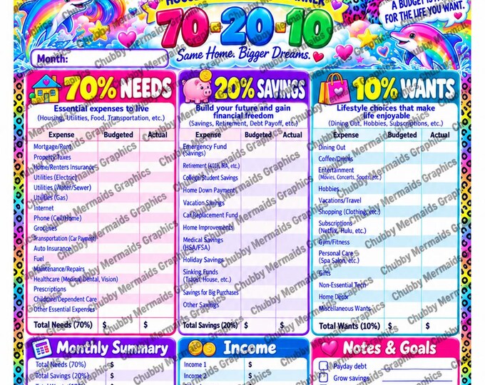 Rainbow Budget Planner Printable | 70-20-10 Monthly Budget Worksheet | Unicorn & Leopard Savings Tracker | 8.5x11 PDF