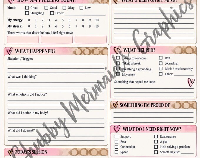 Therapy Check-In Worksheet | Mental Health Reflection Journal (Digital Download)