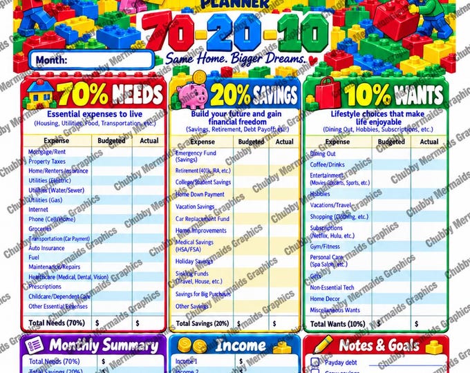 LEGO Themed Budget Planner Printable | 70-20-10 Monthly Budget Worksheet | Colorful Savings & Expense Tracker | 8.5x11 PDF