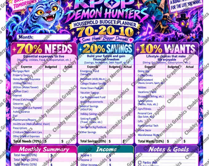 KPop Demon Hunters Budget Planner | 70-20-10 Monthly Tracker (PDF)