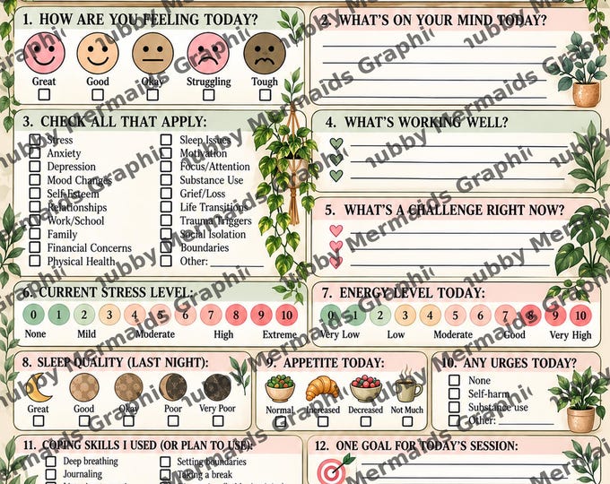 Houseplant Therapy Session Check-In Printable | Mental Health Worksheet (Digital Download)
