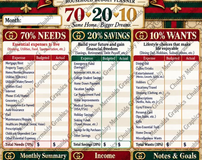 Gucci Inspired Budget Planner Printable | 70-20-10 Monthly Household Budget | Savings & Expense Tracker | 8.5 x 11 PDF