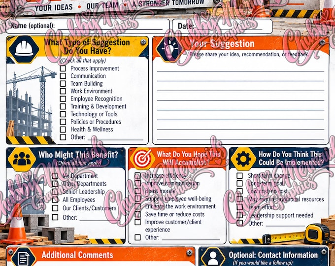 Construction Employee Suggestion Form Printable | Jobsite Staff Feedback Form | Workplace Improvement Worksheet | Instant Download
