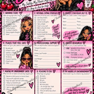 May include: A pink and black leopard print safety plan worksheet featuring nine sections for mental health support. The design includes illustrations of stylized characters, cherries, hearts, and text such as Safety Plan, My Safety My Peace.