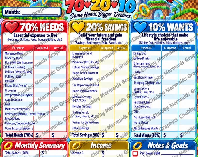 Sonic the Hedgehog Budget Planner | 70-20-10 Savings Tracker (PDF)