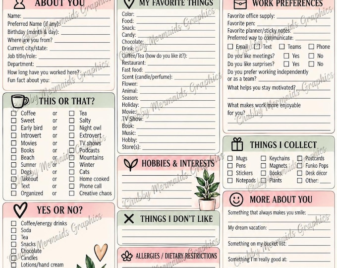 Coworker Questionnaire Printable | Employee Favorites, Team Building (Digital Download)