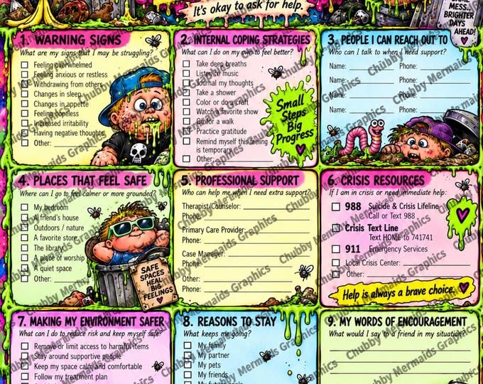 Retro Cartoon Safety Plan Printable | Mental Health Coping Skills Worksheet (PDF)